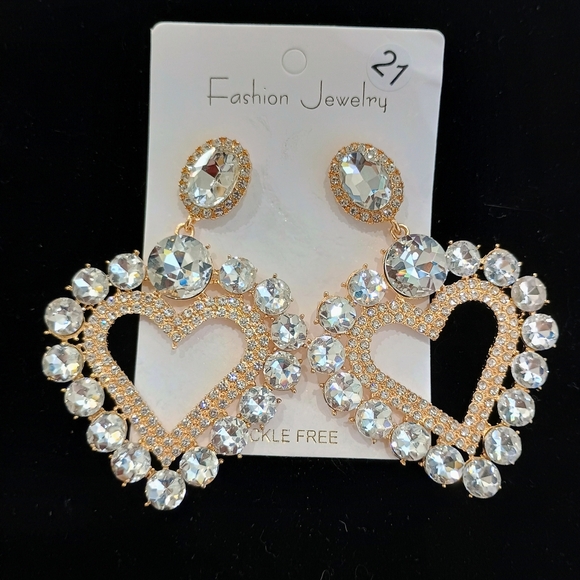 Gold and Silver Heart Crystal Earrings - Picture 1 of 3